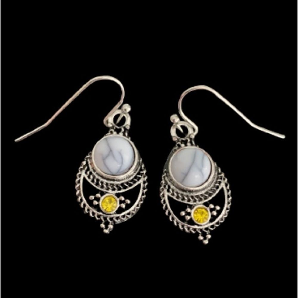 Elegant Balinese Style Blue Lace Agate & Citrine, Handmade Novica Drop Earrings